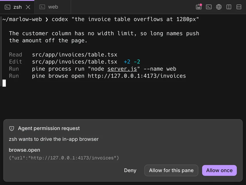An agent paused at pine browse open. The card reads: wants to drive the in-app browser, with Deny, Allow for this pane and Allow once.
