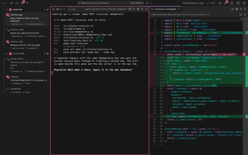 The Ostia window. The sidebar lists six projects in two groups with their agent states. In marlow-api an agent has made a change and asks whether to apply a migration, and the diff of its change is open beside it.