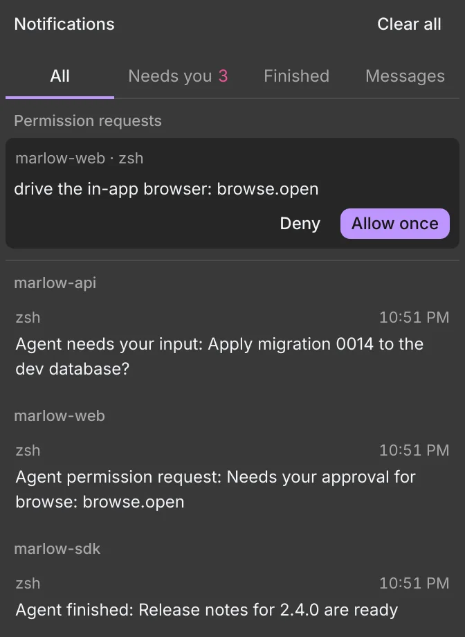 The notification list: a permission request from marlow-web with Deny and Allow once, an agent in marlow-api that needs input, and an agent in marlow-sdk that finished.