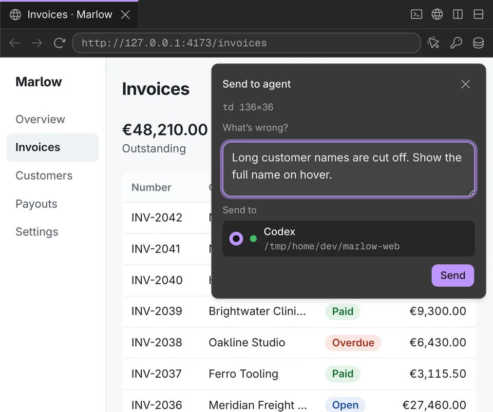 A browser pane on the invoices page with a table cell picked. The Send to agent card says what is wrong, long customer names are cut off, and sends it to Codex.