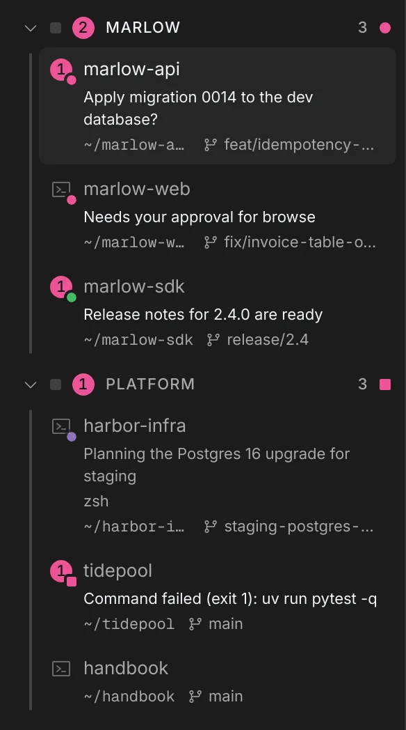Ostia's sidebar: marlow-api waiting with a question, marlow-web needing approval, marlow-sdk done, harbor-infra working, tidepool with a failed command, handbook idle.