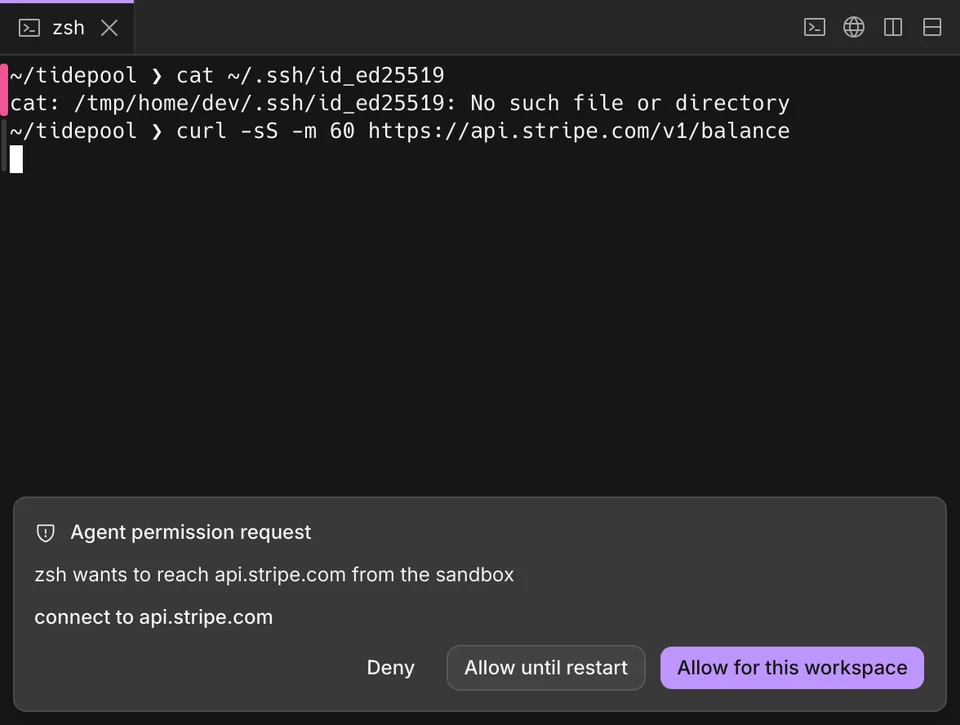 A sandboxed shell. Reading an SSH key fails, and a request to api.stripe.com waits on a card with Deny, Allow until restart and Allow for this workspace.