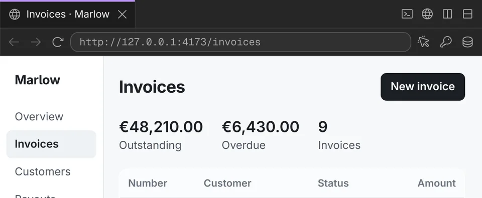 A browser pane showing the invoices page at the address the agent opened.