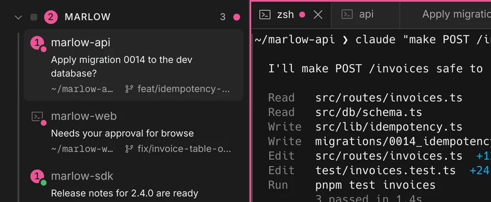 The sidebar row for marlow-api showing the question, next to its pane outlined in pink.