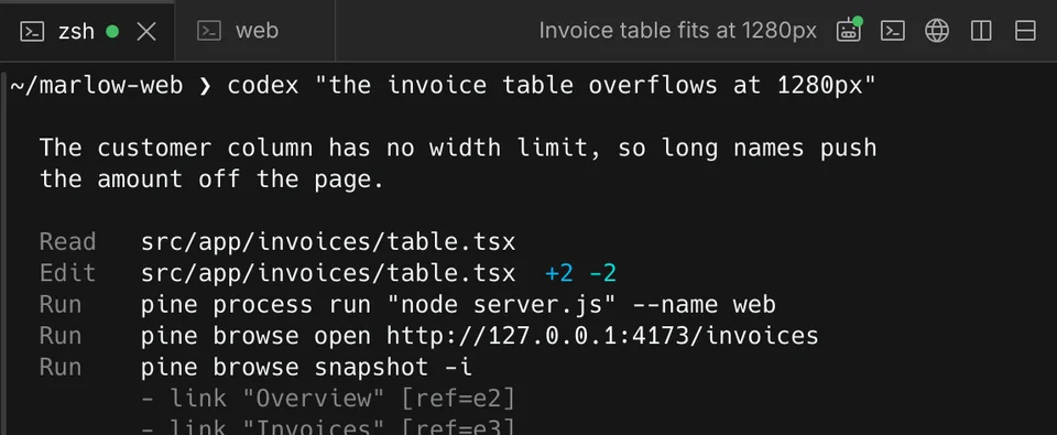 A terminal pane with a second tab named web beside the agent session that started it.