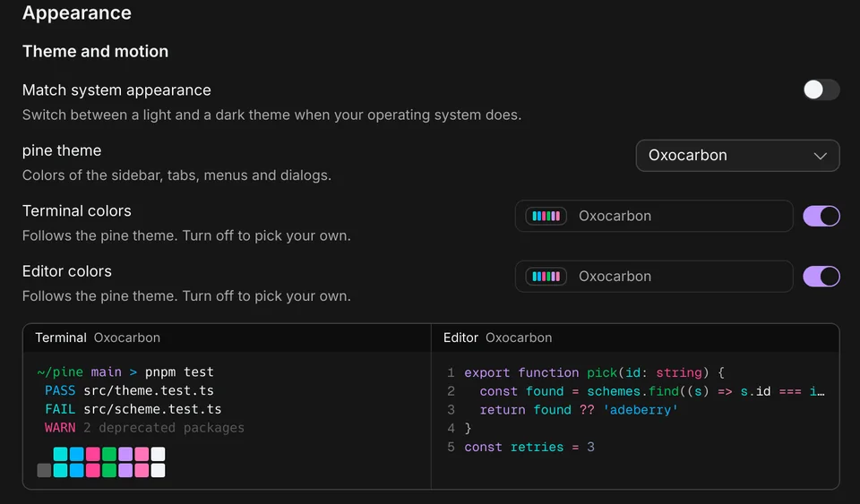 Appearance settings: the Oxocarbon theme, separate terminal and editor colour schemes with a live preview, and accent colour choices.