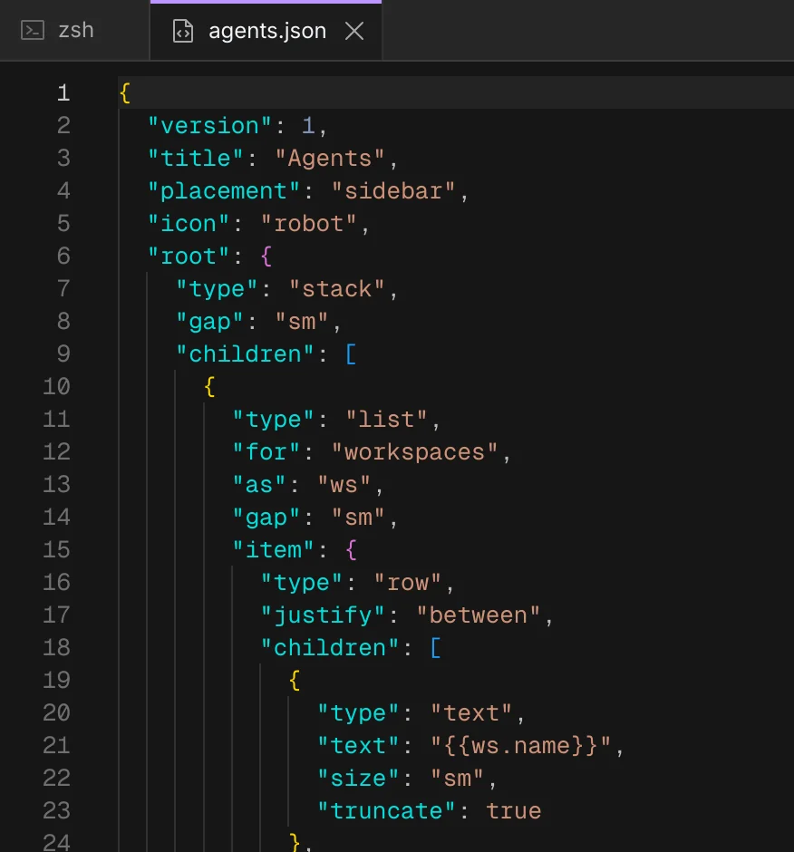 agents.json in the editor: a sidebar view that lists every workspace with its state.