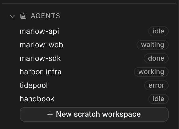 The section that file produces in the sidebar: each workspace with waiting, done, working, error or idle beside it, and a button for a new scratch workspace.
